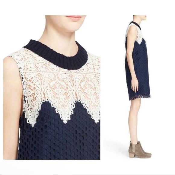SEA NEW YORK GUIPURE LACE CROCHET BLUE EYELET SHIFT DRESS 8 - Picture 2 of 7